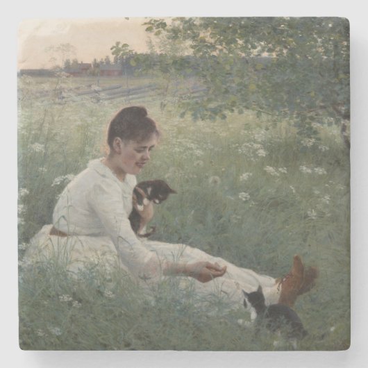 夏の風景猫と暮らす女の子（子猫） ストーンコースター (正面)