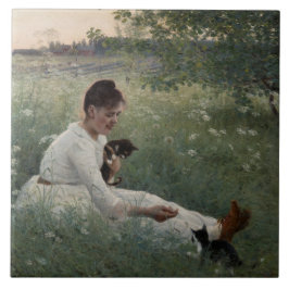 夏の風景猫と暮らす女の子（子猫） タイル