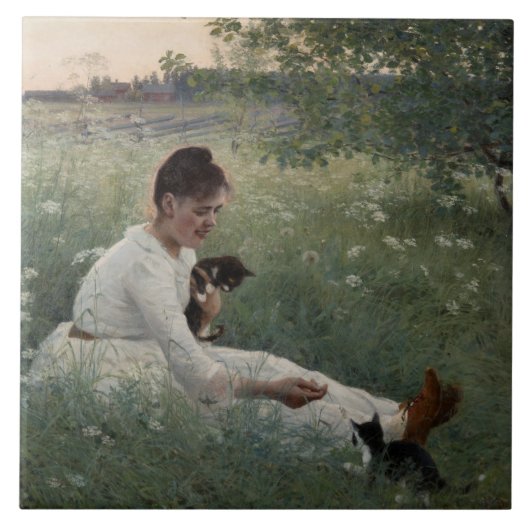 夏の風景猫と暮らす女の子（子猫） タイル (正面)