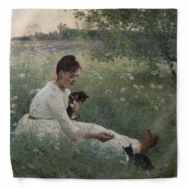 夏の風景猫と暮らす女の子（子猫） バンダナ