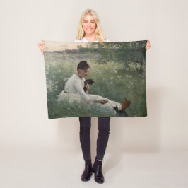 夏の風景猫と暮らす女の子（子猫） フリースブランケット