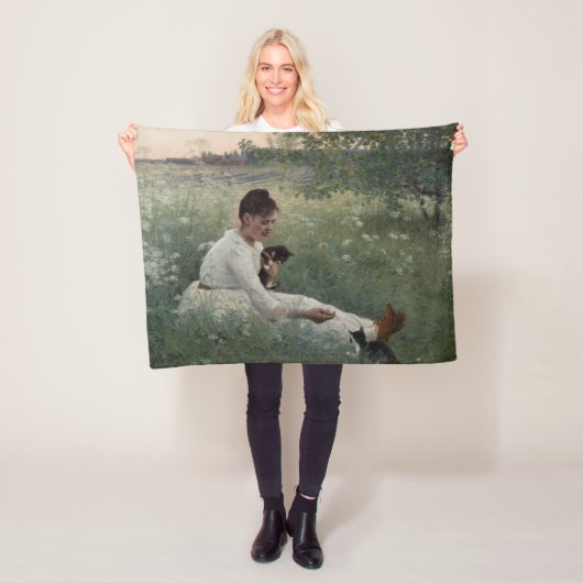 夏の風景猫と暮らす女の子（子猫） フリースブランケット (インサイチュ)