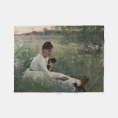 夏の風景猫と暮らす女の子（子猫） フリースブランケット (正面(横))