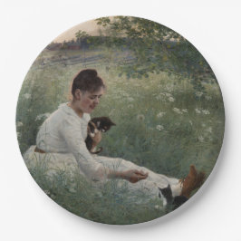 夏の風景猫と暮らす女の子（子猫） ペーパープレート