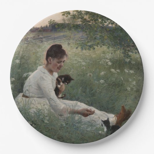 夏の風景猫と暮らす女の子（子猫） ペーパープレート (正面)