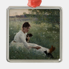 夏の風景猫と暮らす女の子（子猫） メタルオーナメント