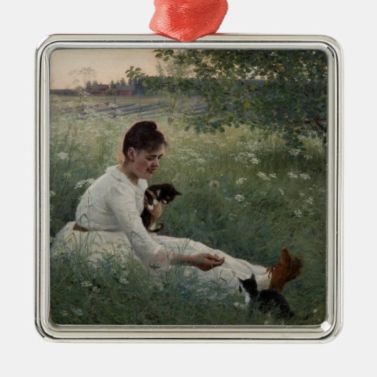 夏の風景猫と暮らす女の子（子猫） メタルオーナメント (正面)