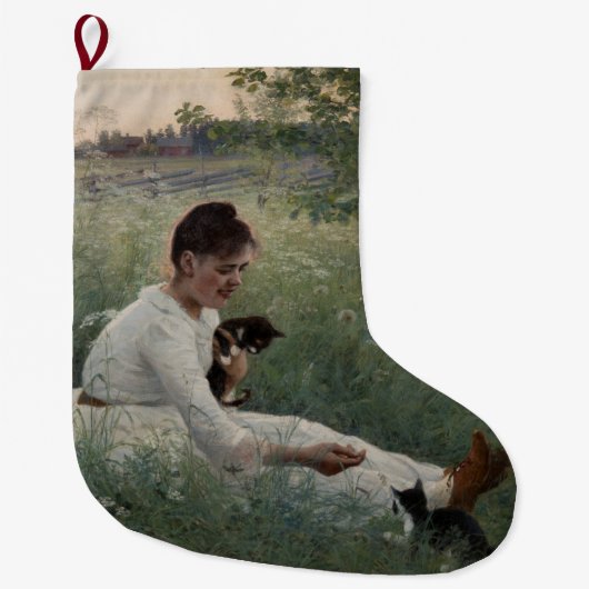 夏の風景猫と暮らす女の子（子猫） ラージクリスマスストッキング (正面)