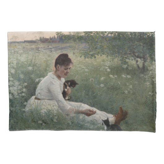 夏の風景猫と暮らす女の子（子猫） 枕カバー (正面左)