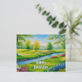 夏の風景、川の誕生日おめでとう ポストカード (スタンド正面)