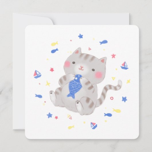 夏の魚を持つかわいい子猫のイラスト 招待状 (正面)