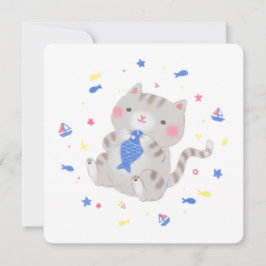 夏の魚を持つかわいい子猫のイラスト 招待状