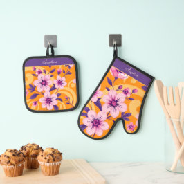 夏の鮮やか花模様 – ドーパミンスタイル 鍋つかみ&鍋敷きセット