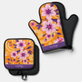 夏の鮮やか花模様 – ドーパミンスタイル 鍋つかみ&鍋敷きセット (正面/裏面)