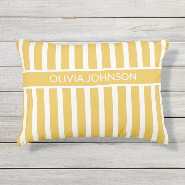 夏の黄色のカスストライプのタマイズ可能な名前 アウトドアクッション (正面)