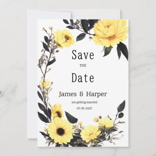 夏の黄色の濃い灰色のデイジーフローラ日付を保存 招待状 (正面)