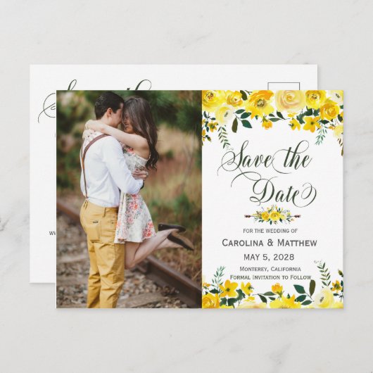 夏の黄色結婚のフローラの写真は日付を保存 案内ポストカード (正面/裏面)