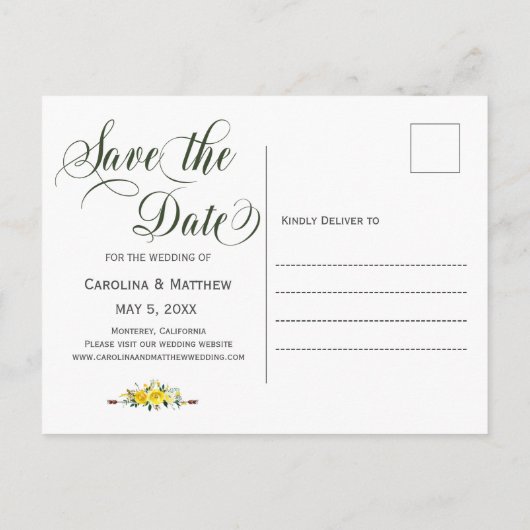 夏の黄色結婚のフローラの写真は日付を保存 案内ポストカード (裏面)