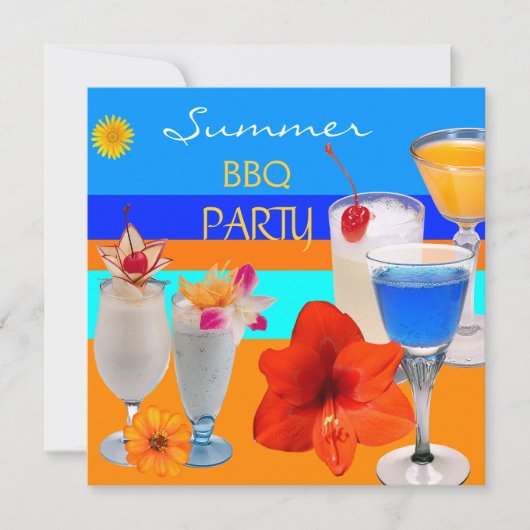 夏のBBQパーティーカクテル飲み物青黄色 招待状 (正面)