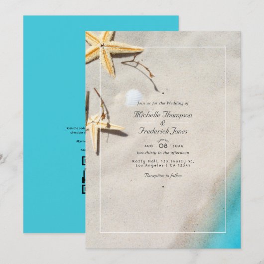 夏のQRコード招待海辺のウェディング 招待状 (正面/裏面)