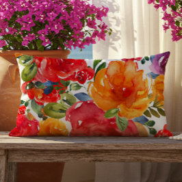 夏はっきりした水彩フローラ赤オレンジパープル アウトドアクッション