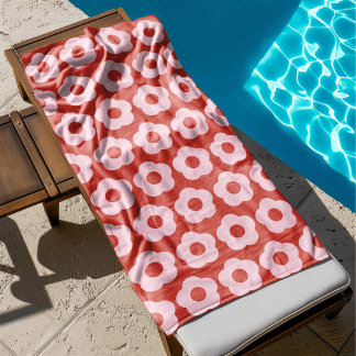 夏はっきりした赤・ピンク花柄レトロ バスタオル