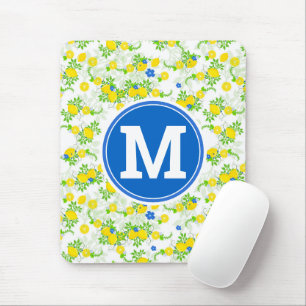 夏らしい青と黄色のレモンの花柄 マウスパッド