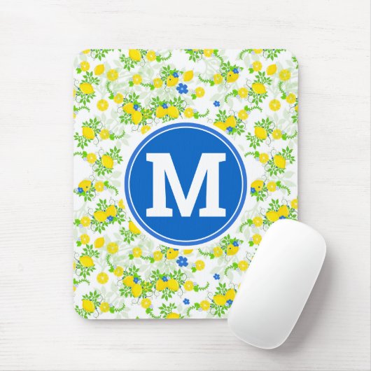 夏らしい青と黄色のレモンの花柄 マウスパッド (マウス)