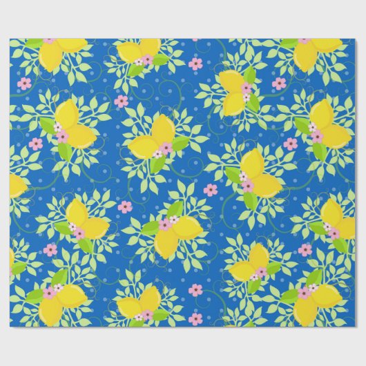 夏らしい青と黄色のレモンの花柄 ラッピングペーパー (フラット)