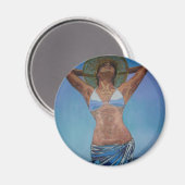 夏を楽しむ帽子とサロンを着た女性 マグネット (正面/裏面)