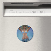 夏を楽しむ帽子とサロンを着た女性 マグネット (インサイチュ (食洗機))