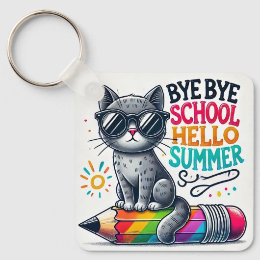 夏を祝う鉛筆のイラストに乗ったかわいい猫 キーホルダー (正面)