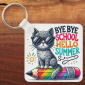 夏を祝う鉛筆のイラストに乗ったかわいい猫 キーホルダー (正面)