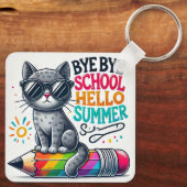 夏を祝う鉛筆のイラストに乗ったかわいい猫 キーホルダー (裏面)