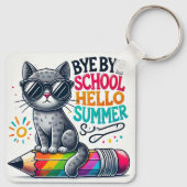 夏を祝う鉛筆のイラストに乗ったかわいい猫 キーホルダー (裏面)