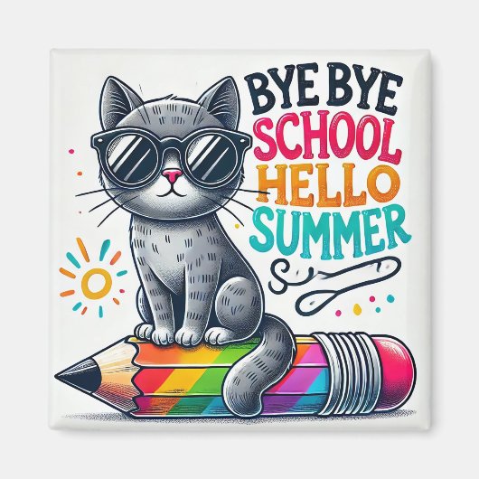 夏を祝う鉛筆のイラストに乗ったかわいい猫 マグネット (正面)