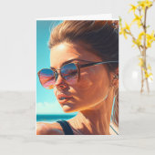 夏を過素晴らしごす |美しい女性ビーチ カード (黄色い花)