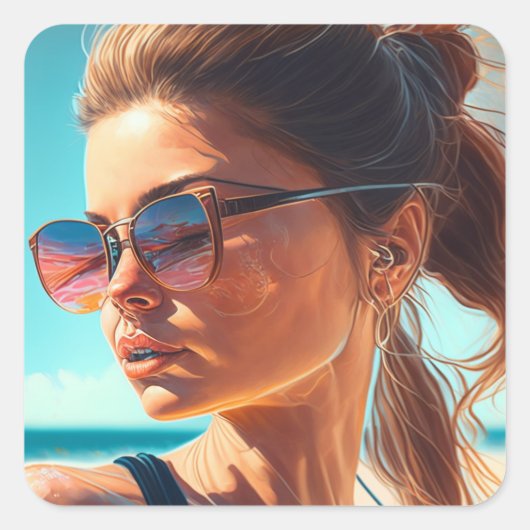 夏を過素晴らしごす |美しい女性ビーチ スクエアシール (正面)