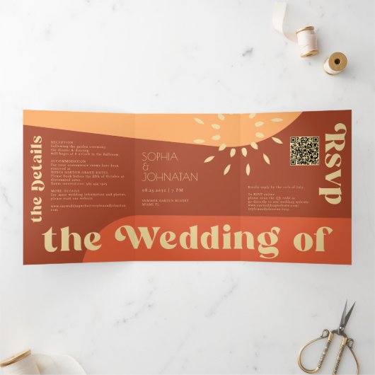 夏イタリアンの日没の写真すべて一つのQR結婚で 三つ折り招待状 (内部)