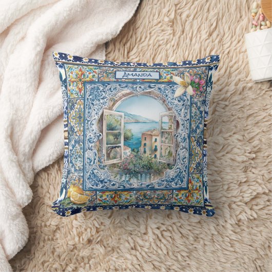 夏イタリアンフローラ青瓦シトラスモノグラム クッション (ブランケット)