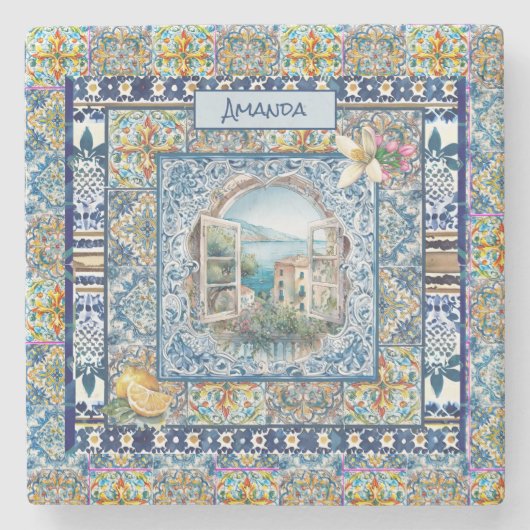 夏イタリアンフローラ青瓦シトラスモノグラム ストーンコースター (正面)