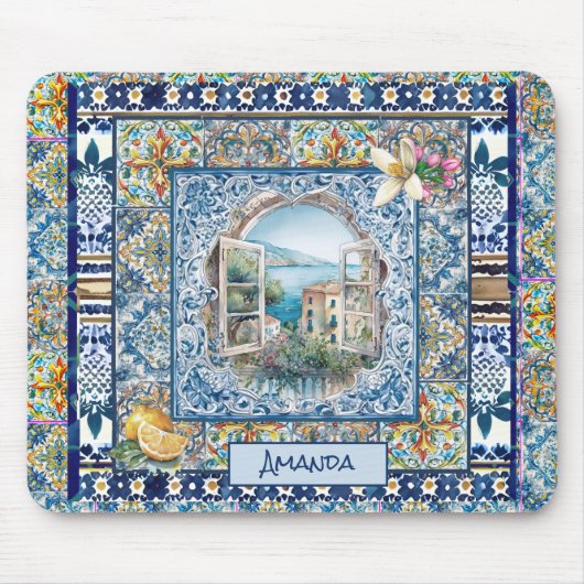 夏イタリアンフローラ青瓦シトラスモノグラム マウスパッド (正面)