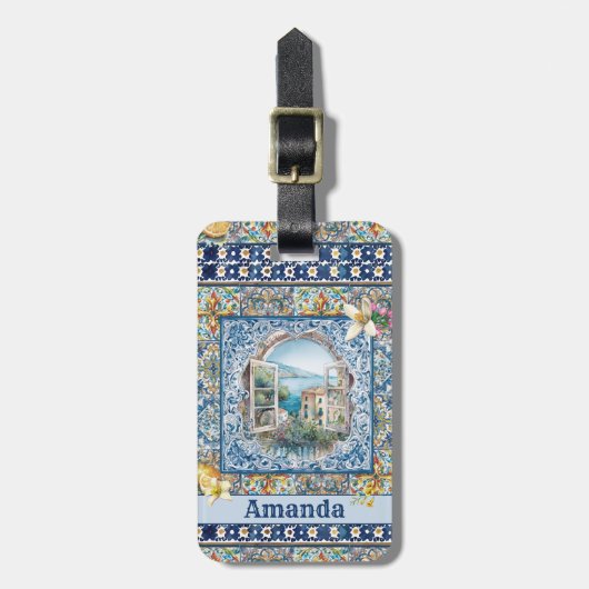 夏イタリアンフローラ青瓦シトラスモノグラム ラゲッジタグ (正面縦)