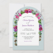 夏エレガントのピンク色の紫結婚の花のアーチ 招待状 (正面)
