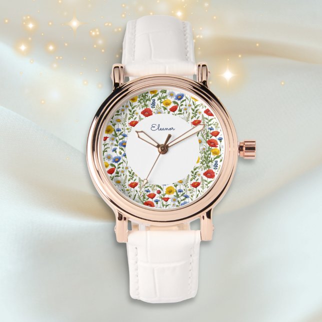 夏エレガントカラフルの山花フローラ 腕時計 (A beautiful wristwatch patterned with a colorful wildflowers design, personalized with a name)