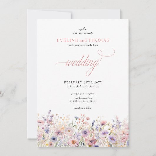 夏エレガントピンク紫ワイルドフラワーボホ 招待状 (正面)