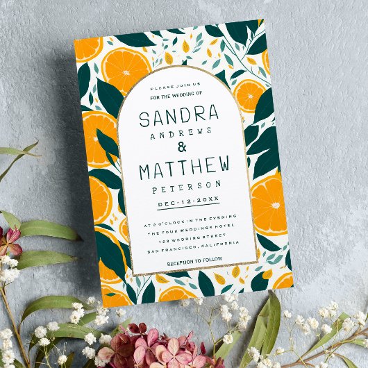 夏オレンジの果実植物結婚の葉 招待状