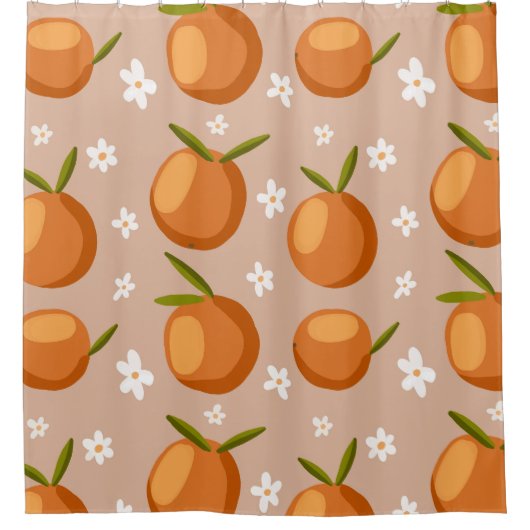 夏オレンジ果実の小さな白い花模様 シャワーカーテン (正面)
