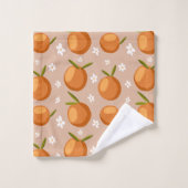 夏オレンジ果実の小さな白い花模様 バスタオルセット (ウォッシュタオル)