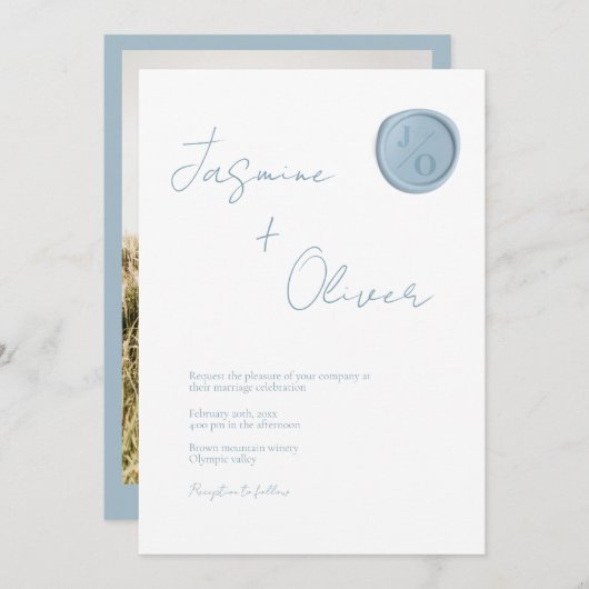 夏カスタムの写真の埃の多いブルー結婚ワックスシール 招待状 (正面/裏面)